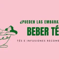 Ilustración de una mujer relajada en una taza de té, con el texto "¿Pueden las embarazadas beber té?".