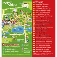 Mapa parku z atrakcjami dla dzieci mazowieckie zimą. Znajdują się tu m.in. kosmiczne atrakcje, plac zabaw i karuzele.