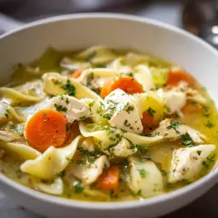 En skål med värmande kycklingsoppa med nudlar, morötter och selleri. Ett perfekt kycklingsoppa recept för kalla dagar.