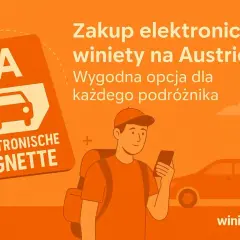 Pomarańczowe tło z ikoną winiety elektronicznej Austrii, podróżnikiem z telefonem i samochodem.