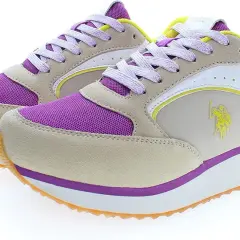 Scarpe US Polo Assn. con tomaia in camoscio beige, inserti in mesh viola e dettagli gialli. Suola platform con accenti viola e arancioni.