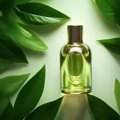Perfumy o zapachu drzewa cedrowego otoczone soczystą zielenią.