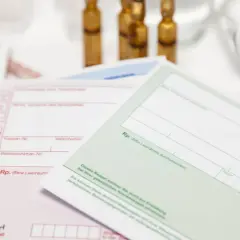Mehrere medizinische Rezepte und Ampullen liegen auf einem weißen Tisch.