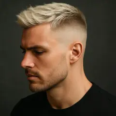 Mann mit blondem Haar und einem präzisen drop fade Haarschnitt, der nach unten hin ausläuft.