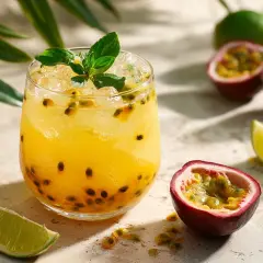 En uppfriskande Pornstar Martini med passionsfrukt och lime, garnerad med mynta.