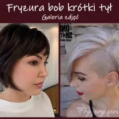 Dwie kobiety prezentują fryzurę bob: jedna z ciemnymi, krótkimi włosami, druga z blondem i wygolonym tyłem.