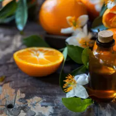 Eine Flasche Neroliöl neben Orangen und Blüten. Die positive neroli wirkung psyche wird durch den Duft der Blüten unterstrichen.