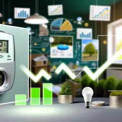 Miernik zużycia energii z monetami i żarówką, na tle wykresów i zieleni.