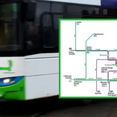 Schemat linii tramwajowych w Szczecinie, w tym linia 58. Widoczny tramwaj w ruchu.