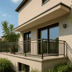 Un balcone moderno, ideale per la ristrutturazione, con ringhiera nera e piante verdi.
