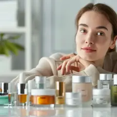 Kobieta z uśmiechem opiera się o stół z kosmetykami. Wśród nich kremy i serum, które dzięki zawartości ceramidów dbają o zdrową skórę.