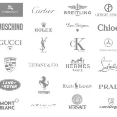 Kolekcja logotypów luksusowych marek: od samochodów (BMW, Rolls-Royce, Porsche, Bentley, Land Rover, Jaguar, Lamborghini) po modę (Gucci, Fendi, Prada, Louis Vuitton, Hermes, Burberry, Moschino, Calvin Klein, Chloé, Dolce & Gabbana, Giorgio Armani, Ver...