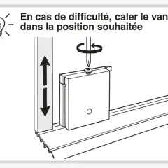 Instruction pour enlever porte coulissante sur rail. Un vantail est montré en cours de retrait, avec une flèche indiquant le mouvement vertical.
