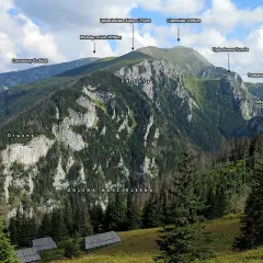 Widok na Tatry z Doliną Kościeliską. W oddali szczyty: Giewont, Ciemniak, Tomanowy Wierch Polski. Na pierwszym planie widać drewniane hale stoły.
