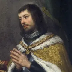 Retrato de Fernando el Santo, con las manos juntas en oración, corona y cetro a su lado.