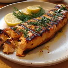 En perfekt grillad laxsida med krispiga grillränder, garnerad med dill och citronklyftor.