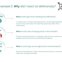 Example 2: Coaching reflection questions on defensive reactions. Includes benefits, risks, and future actions.