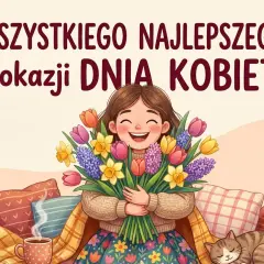 Wesołe życzenia na Dzień Kobiet dla koleżanki! Uśmiechnięta dziewczyna z bukietem wiosennych kwiatów, kotek i kubek gorącej czekolady.
