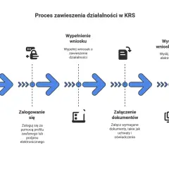 Schemat procesu zawieszenia działalności w KRS: wejście na portal, logowanie, wypełnienie wniosku, załączenie dokumentów i wysłanie online.