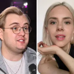 Kevin Mglej, jak dziecko, z okularami i dziewczyna z blond włosami.