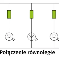 Schemat połączenia równoległego pięciu rezystorów i diod. Każda dioda świeci niezależnie.