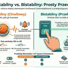 Ilustracja porównuje działanie elementów monostabilnych (jak przycisk dzwonka) i bistabilnych (jak włącznik światła). Przycisk bistabilny zmienia stan na stałe po kliknięciu.