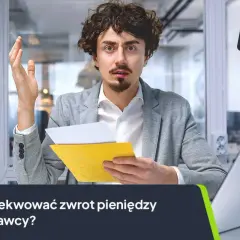 Zaskoczony mężczyzna trzyma dokumenty, zastanawiając się, jak wyegzekwować zwrot pieniędzy. Logo CashFix i numer telefonu.