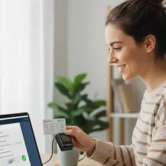 Mujer sonríe mientras usa su tarjeta de identificación para firmar PDFs en su laptop.
