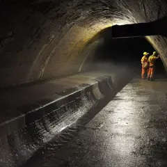 Dwóch robotników w pomarańczowych kombinezonach i żółtych kaskach stoi w ciemnym tunelu, gdzie płynie rzeka.
