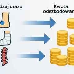 Ilustracja pokazuje, jak rodzaj urazu (stopa, noga w gipsie, kręgosłup) wpływa na wysokość odszkodowania od sprawcy.