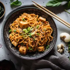 Miseczka pełna aromatycznego **udon z tofu**, posypana szczypiorkiem i sezamem. Obok pałeczki i sos sojowy.