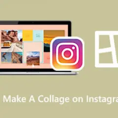 Jak zrobic kolaż na IG? Laptop z wieloma zdjęciami, logo Instagrama i ikonka kolażu.
