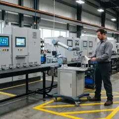 Pracownik nadzoruje pracę robota przemysłowego na linii produkcyjnej w nowoczesnej fabryce.