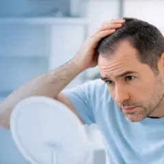 Hombre preocupado se toca la cabeza, observando las entradas en el pelo en el espejo.