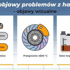 Płyn hamulcowy kolor brązowy lub czarny, zużyte klocki hamulcowe, przegrzane tarcze.