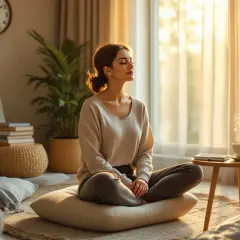 Kobieta medytuje w pokoju, czując spokój. To właśnie mindfulness – świadome bycie tu i teraz.