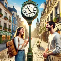Coppia sorridente sotto un orologio stradale. Lei chiede: "come si dice ore in inglese?".