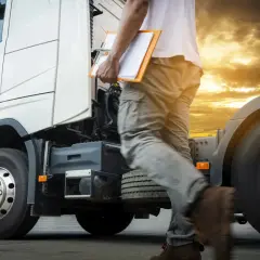 Kierowca busa z teczką w ręku, sprawdzający dokumenty przed wyruszeniem w trasę. Zachód słońca nad drogą.