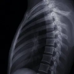 RTG kręgosłupa piersiowego. Widoczne żebra i kręgi. Obraz może pomóc w diagnostyce objawów neurologicznych.