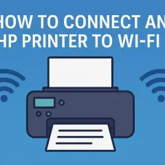 Jak połączyć tel z drukarką HP przez Wi-Fi. Ilustracja przedstawia drukarkę HP z ikonami Wi-Fi po bokach.