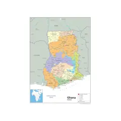 Mapa polityczna Ghany, pokazująca jej położenie w Afryce Zachodniej, sąsiadujące kraje i regiony.