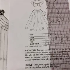 Sewing pattern for a dress with a size chart and description. Learn how to shorten a dress at the waist by consulting the measurements.