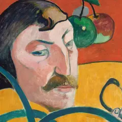 Portret mężczyzny z wąsami i jabłkami nad głową, w stylu Paula Gauguina.