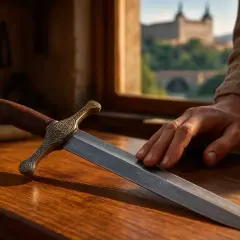 Una mano acaricia una espada con empuñadura ornamentada, un ejemplo de los legendarios aceros de Toledo, con una vista de la ciudad al fondo.