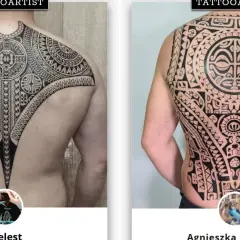 Plecy ozdobione skomplikowanymi wzorami tribal. To sztuka tatuażu, która opowiada historie.