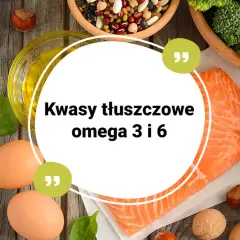 Zdrowa żywność bogata w kwasy tłuszczowe omega-3 i omega-6: łosoś, jajka, orzechy, awokado, jabłko, brokuły, szpinak, fasola i olej.