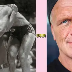 Frank Andersson, en gång en kraftfull brottare, nu med ett intensivt blick.