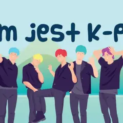 Ilustracja z napisem "Czym jest K-POP?" i pięcioma chłopakami w kolorowych włosach.