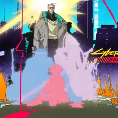 Postapokaliptyczna wizja miasta z **Cyberpunk Edgerunners 2**. Postacie w neonowych barwach, płomienie i sylwetki budynków.