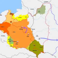 Mapa Polski z zaznaczonymi regionami w różnych kolorach i strzałkami wskazującymi ruchy.